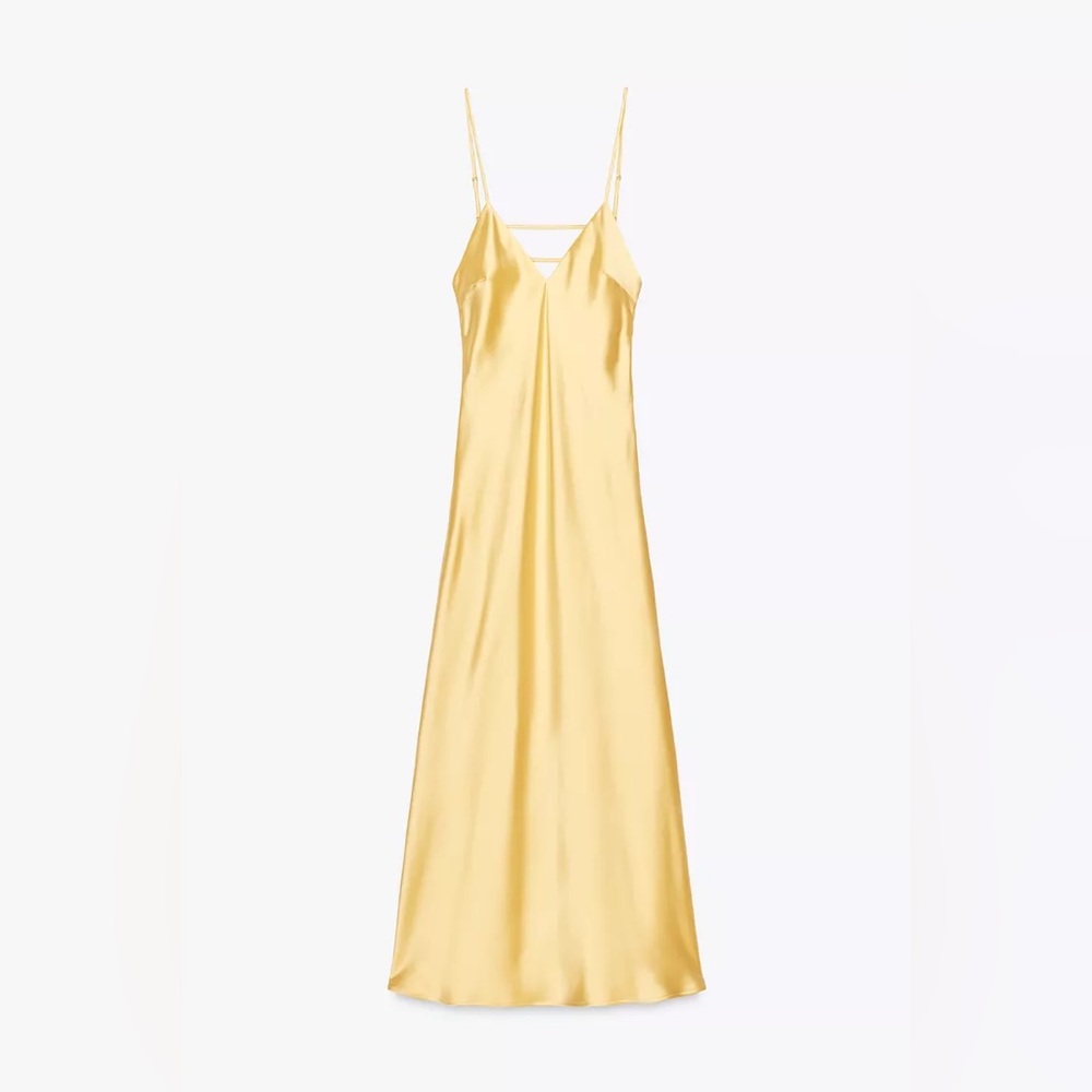 Zara maxi dress flowy butter yellow satin effect wedding evening party - Picture 13 of 16